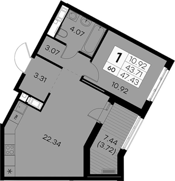 1-комнатная квартира 47.43 м², 7/8 эт., ЖК «Glorax City Балтийская»